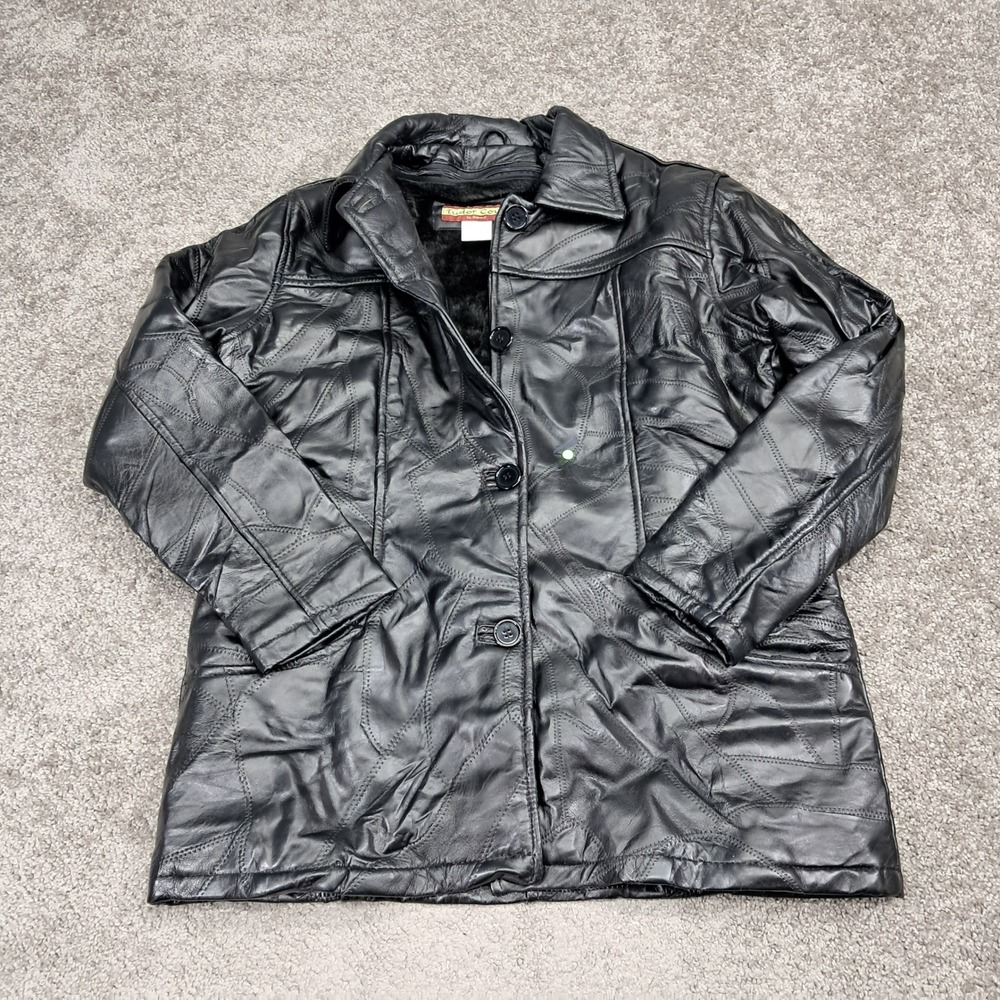 Vintage Tudor Court Haband Womens Black‎ Leather Faux Fur Lined Coat Medium D62